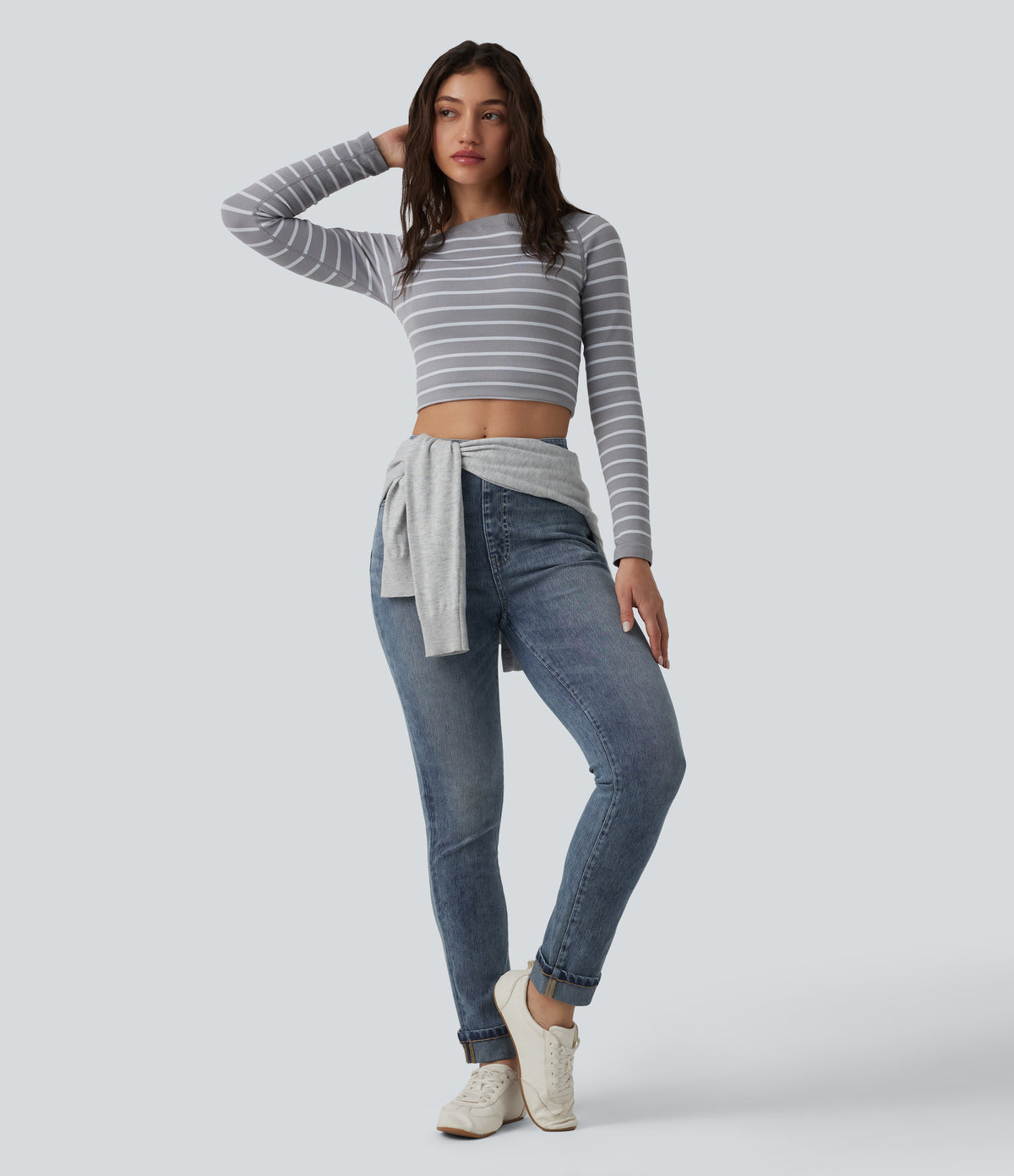 High Waisted Rolled Hem Casual Slim Jeans with Pockets — Coronet Blue Denim — view 7