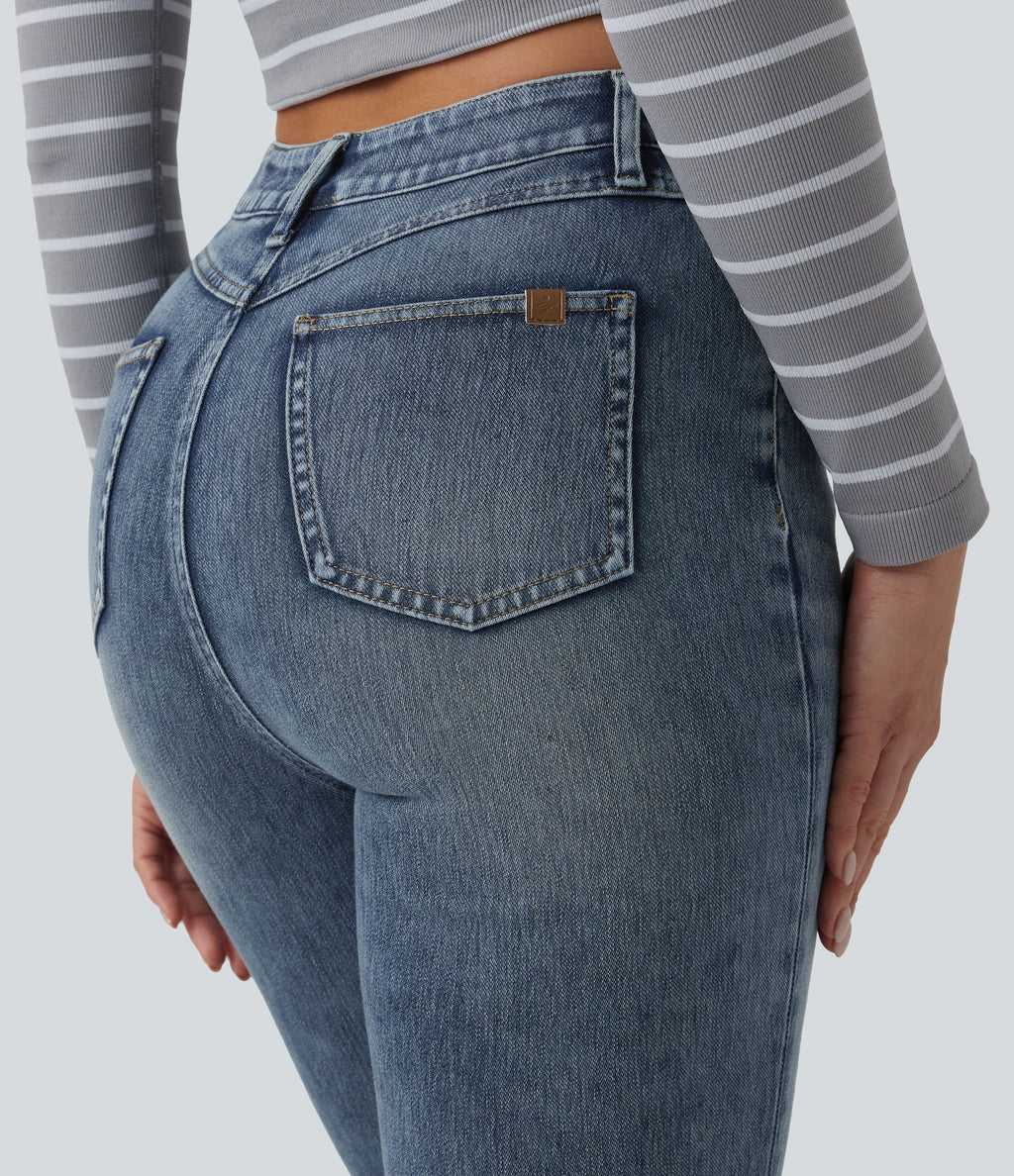 High Waisted Rolled Hem Casual Slim Jeans with Pockets — Coronet Blue Denim — view 5