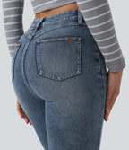 High Waisted Rolled Hem Casual Slim Jeans with Pockets — Coronet Blue Denim — view 5