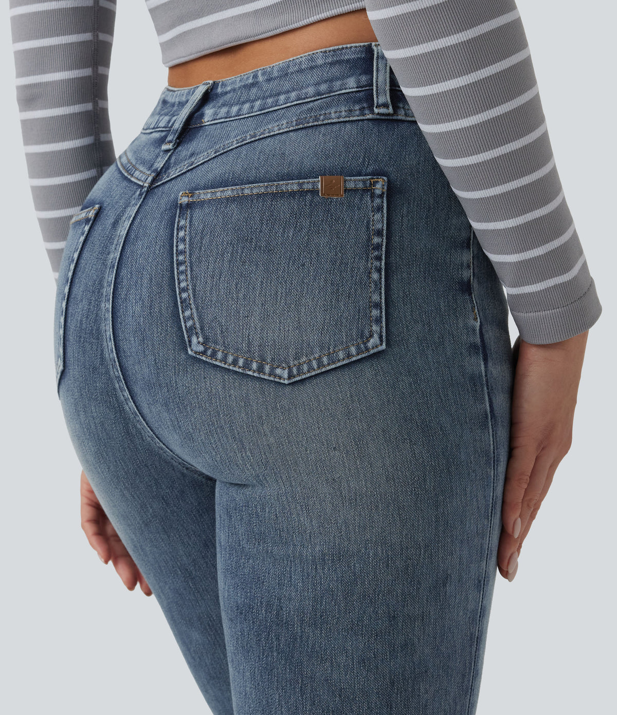 High Waisted Rolled Hem Casual Slim Jeans with Pockets — Coronet Blue Denim — view 5