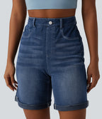 High Waisted Tummy Control Rolled Hem Skinny Casual Denim Shorts with Pockets — Pageant Blue Denim — view 5