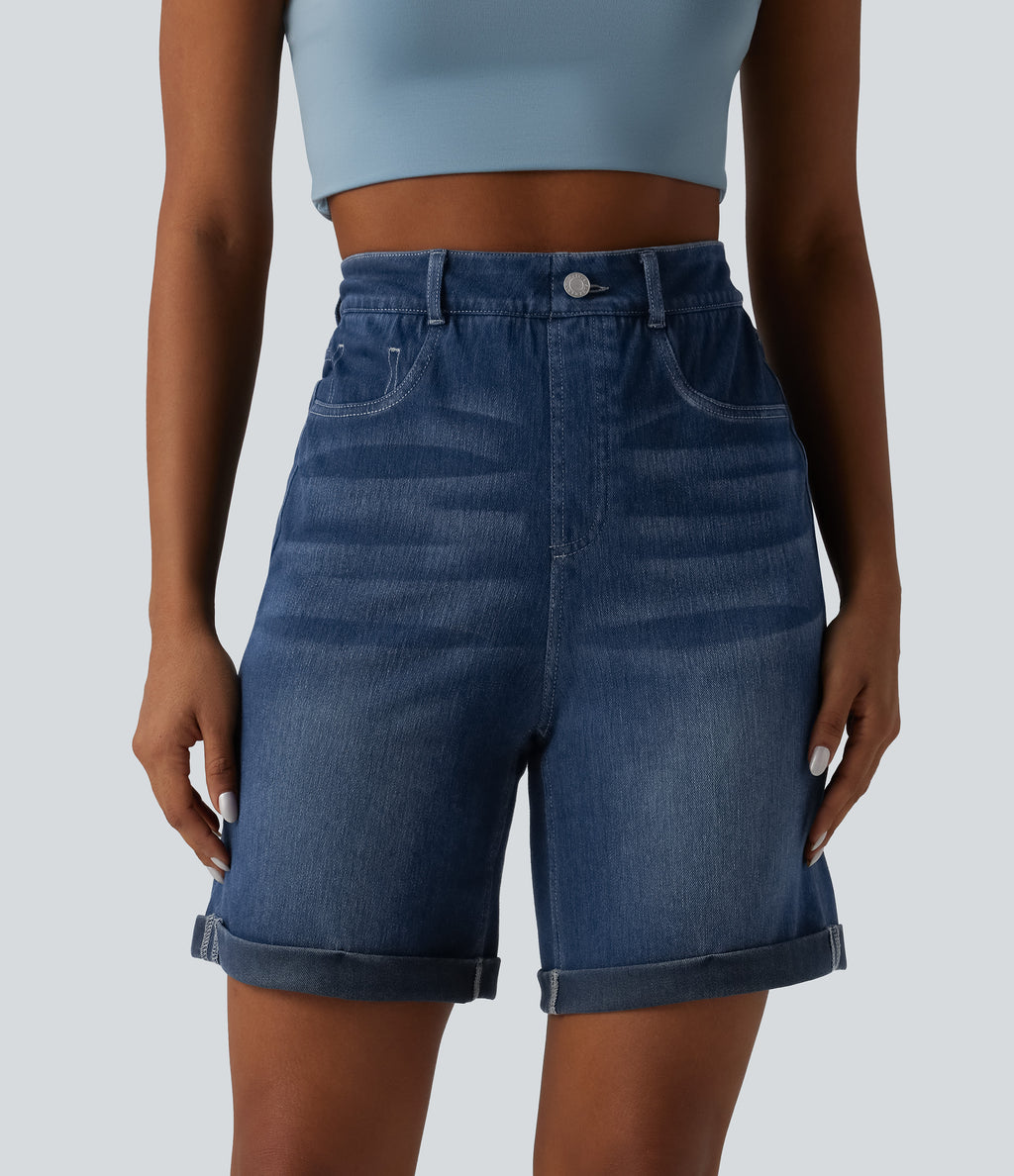 High Waisted Tummy Control Rolled Hem Skinny Casual Denim Shorts with Pockets — Pageant Blue Denim — view 3