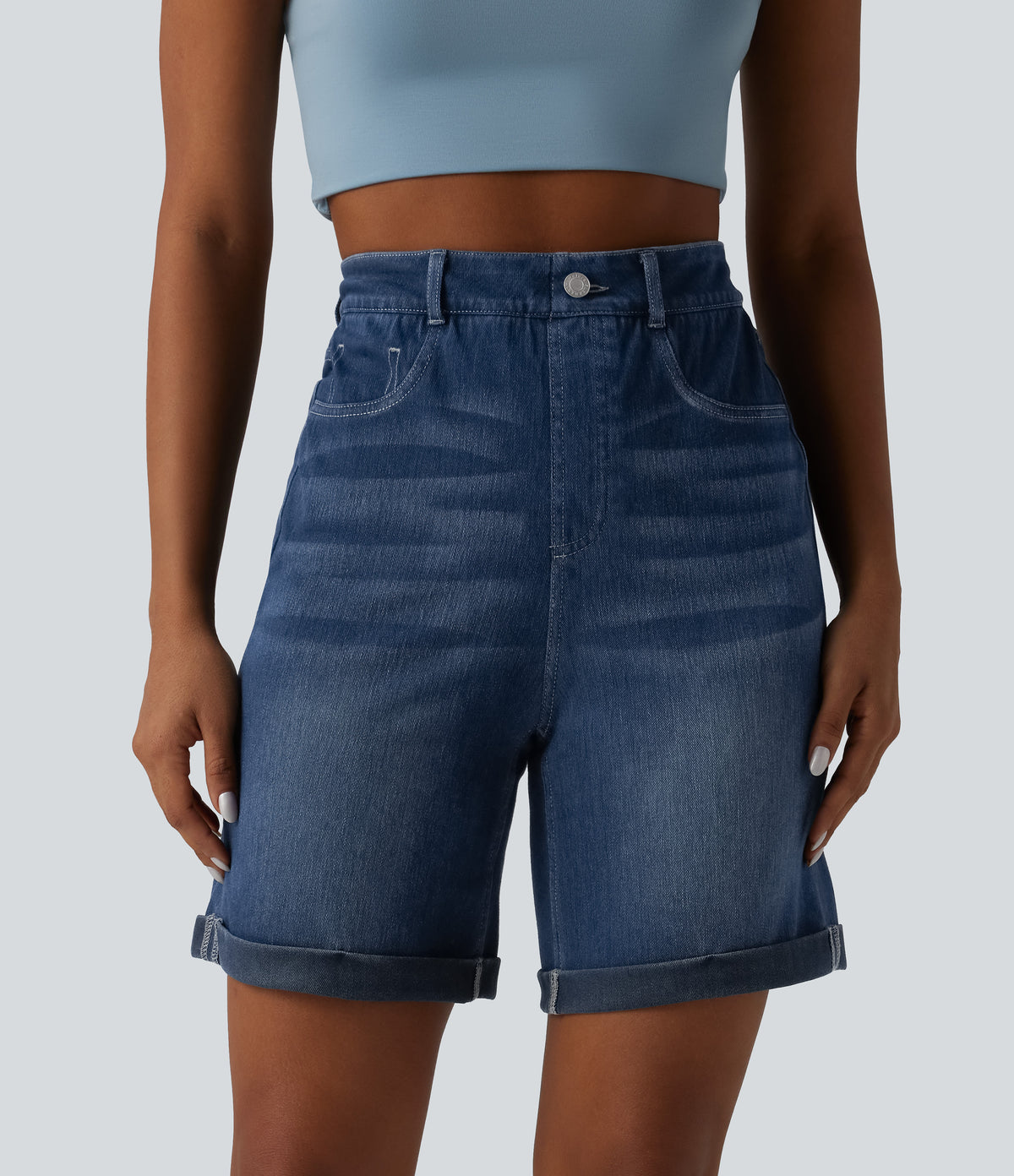 High Waisted Tummy Control Rolled Hem Skinny Casual Denim Shorts with Pockets — Pageant Blue Denim — view 3