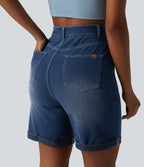 High Waisted Tummy Control Rolled Hem Skinny Casual Denim Shorts with Pockets — Pageant Blue Denim — view 4