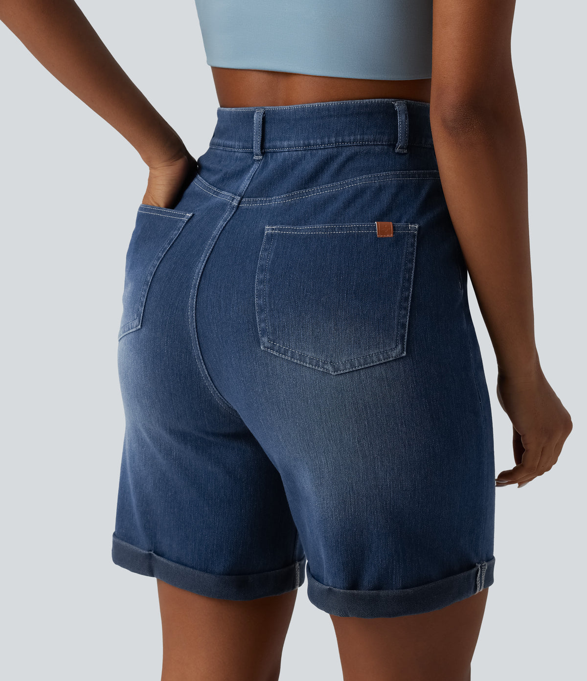 High Waisted Tummy Control Rolled Hem Skinny Casual Denim Shorts with Pockets — Pageant Blue Denim — view 4