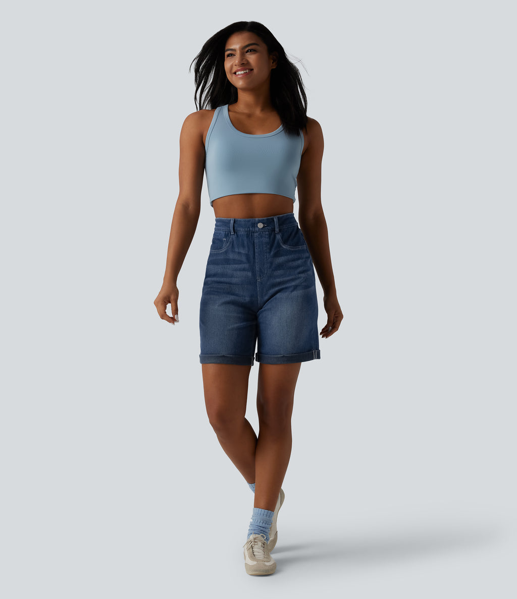 High Waisted Tummy Control Rolled Hem Skinny Casual Denim Shorts with Pockets — Pageant Blue Denim — view 6