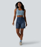 High Waisted Tummy Control Rolled Hem Skinny Casual Denim Shorts with Pockets — Pageant Blue Denim — view 6