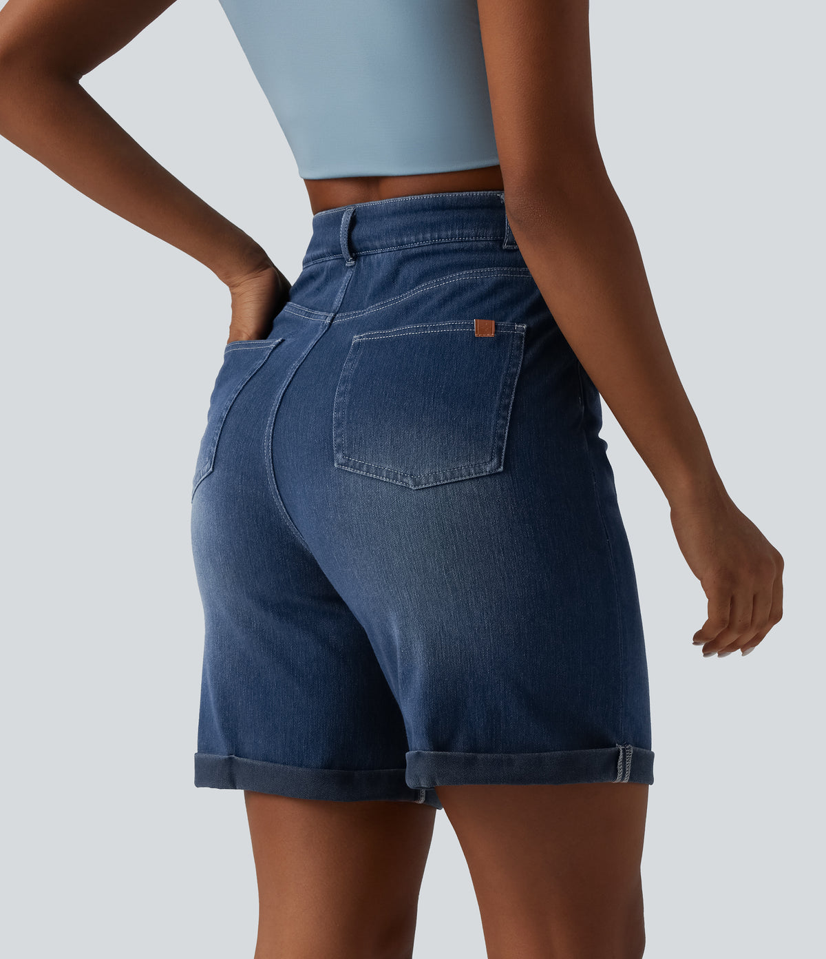 High Waisted Tummy Control Rolled Hem Skinny Casual Denim Shorts with Pockets — Pageant Blue Denim — view 2