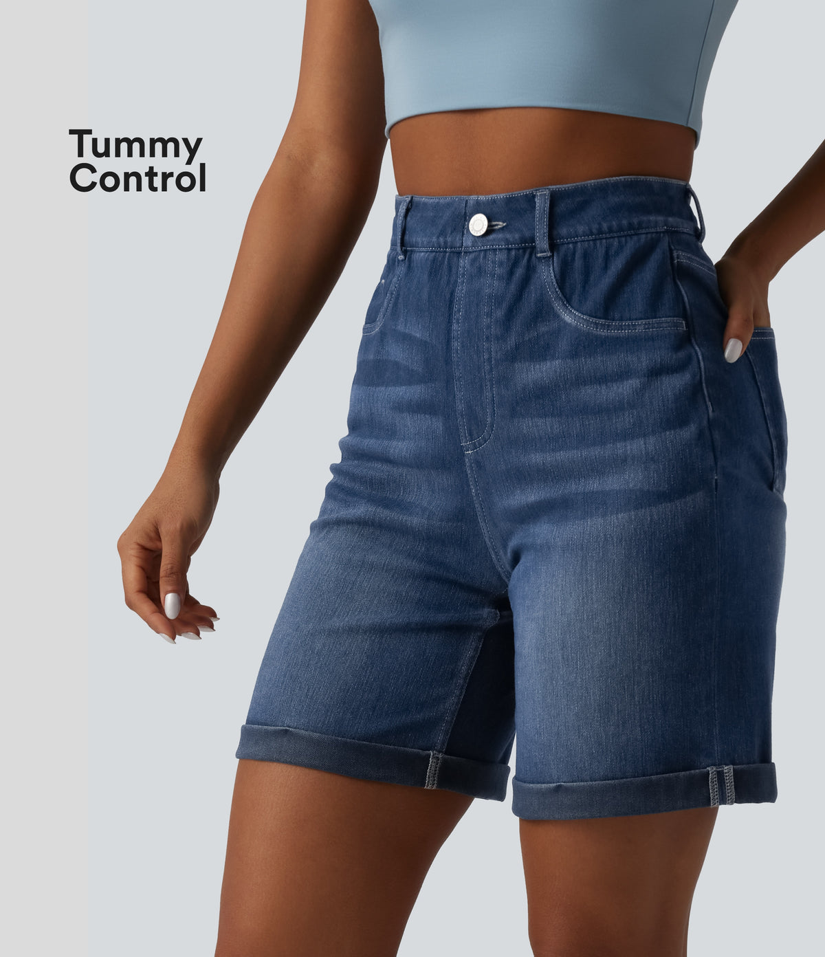 High Waisted Tummy Control Rolled Hem Skinny Casual Denim Shorts with Pockets — Pageant Blue Denim — view 1
