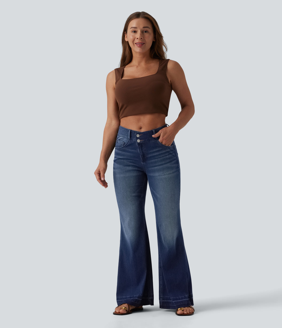 Asymmetric Mid Rise Casual Flare Jeans with Pockets — Pageant Blue Denim — view 6