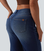 Asymmetric Mid Rise Casual Flare Jeans with Pockets — Pageant Blue Denim — view 5