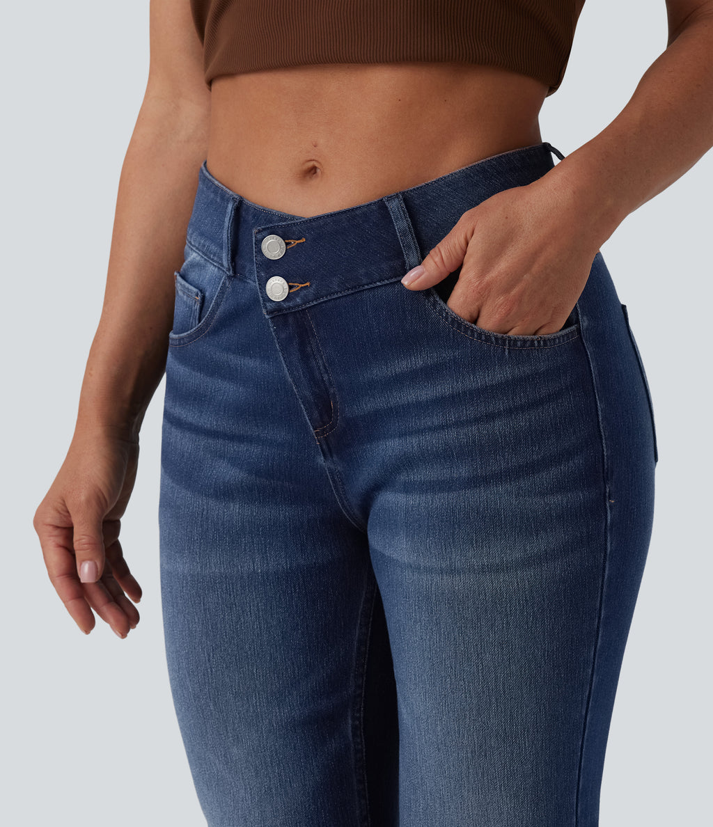 Asymmetric Mid Rise Casual Flare Jeans with Pockets — Pageant Blue Denim — view 4
