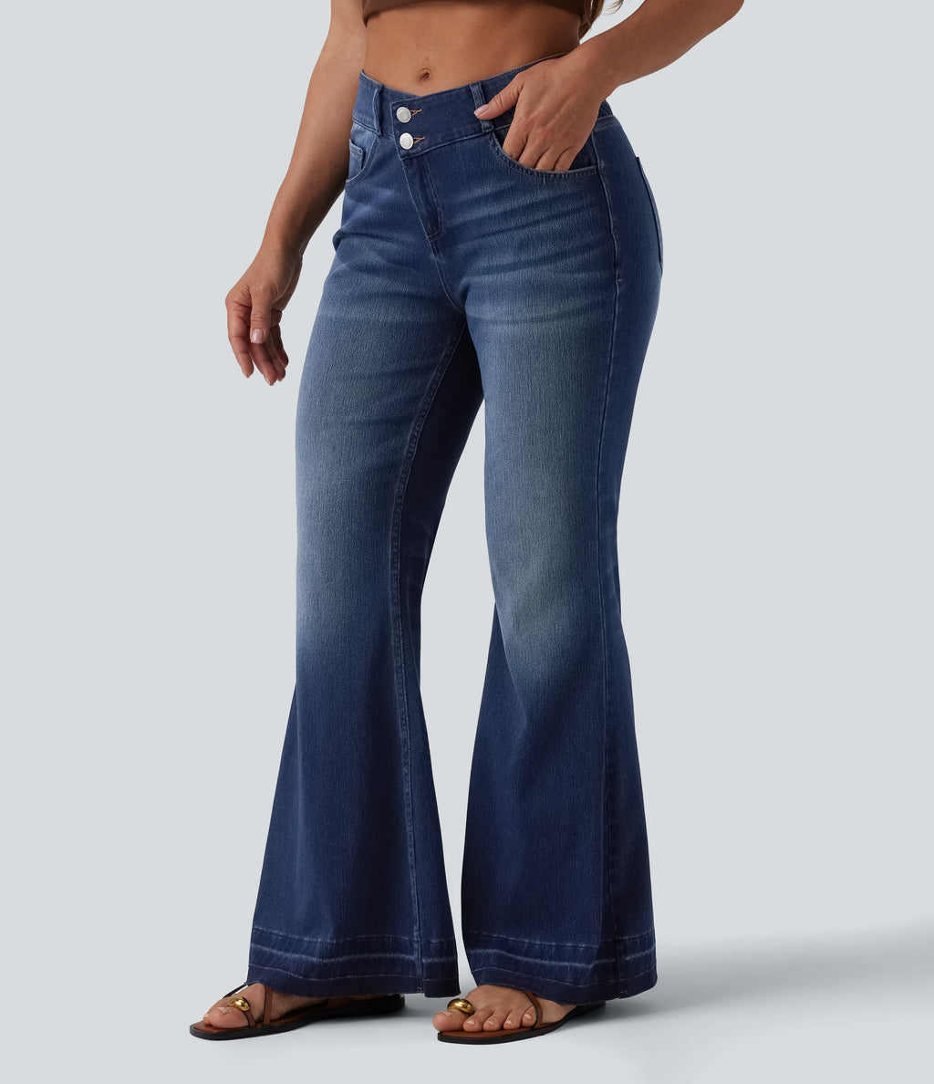 Asymmetric Mid Rise Casual Flare Jeans with Pockets — Pageant Blue Denim — view 3