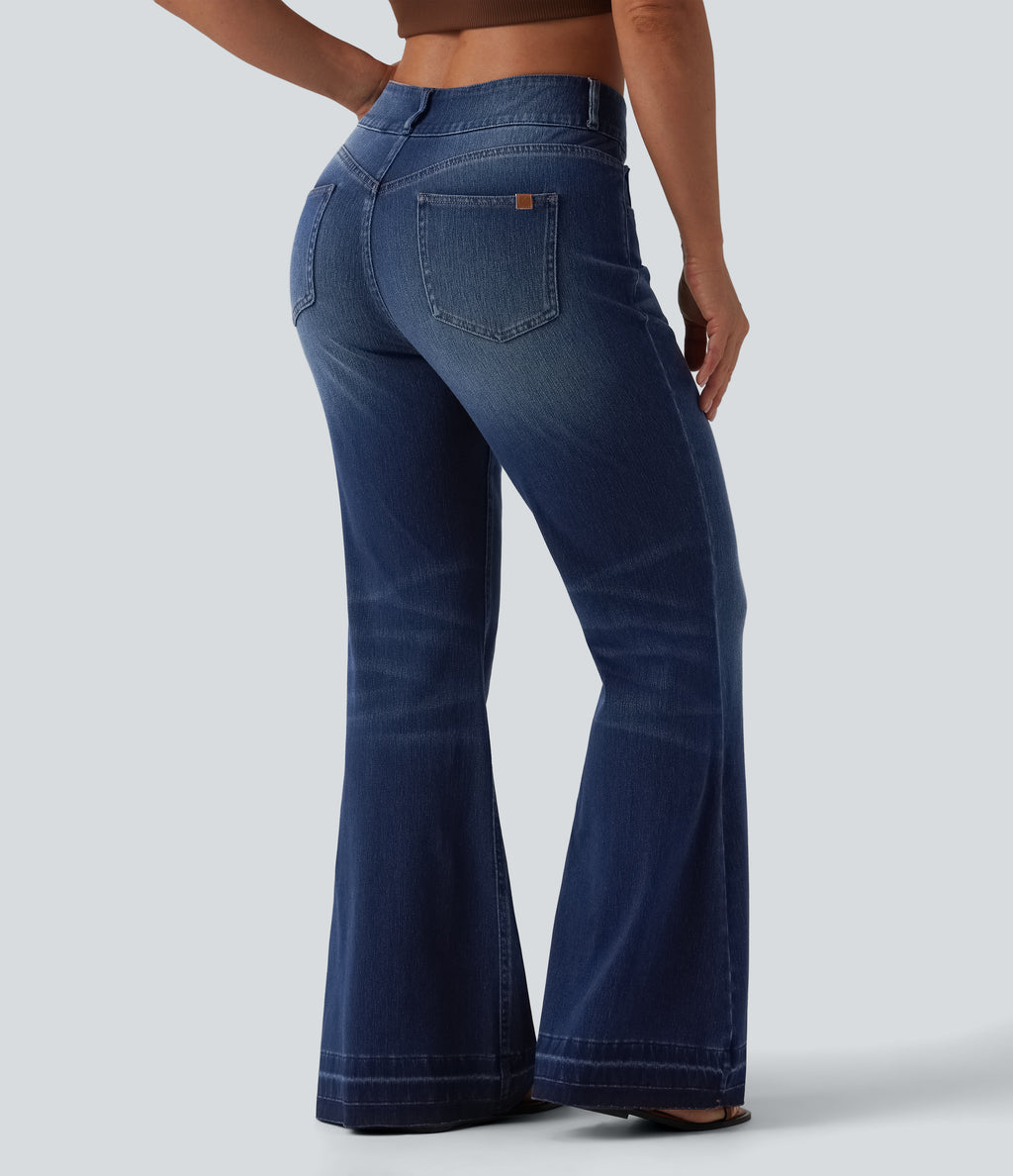 Asymmetric Mid Rise Casual Flare Jeans with Pockets — Pageant Blue Denim — view 2