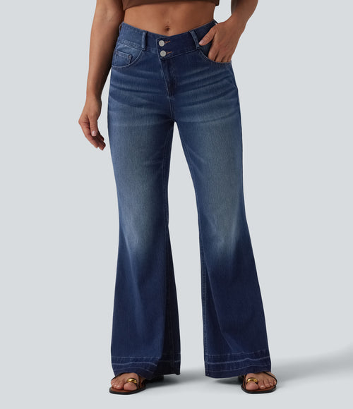 Asymmetric Mid Rise Casual Flare Jeans with Pockets — Pageant Blue Denim — view 1