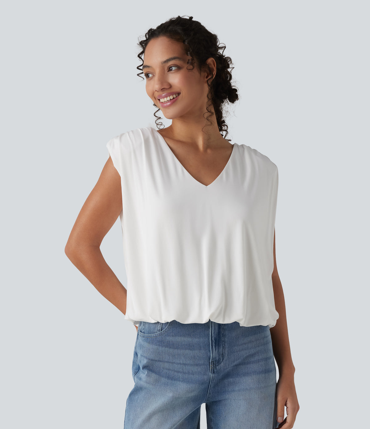 V Neck Sleeveless Casual Top — Jasmine White — view 3