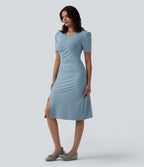 V Neck Short Sleeve Midi Casual Dress — Moon Ice Blue — view 3