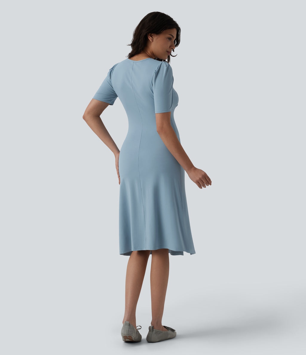 V Neck Short Sleeve Midi Casual Dress — Moon Ice Blue — view 2