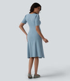 V Neck Short Sleeve Midi Casual Dress — Moon Ice Blue — view 2
