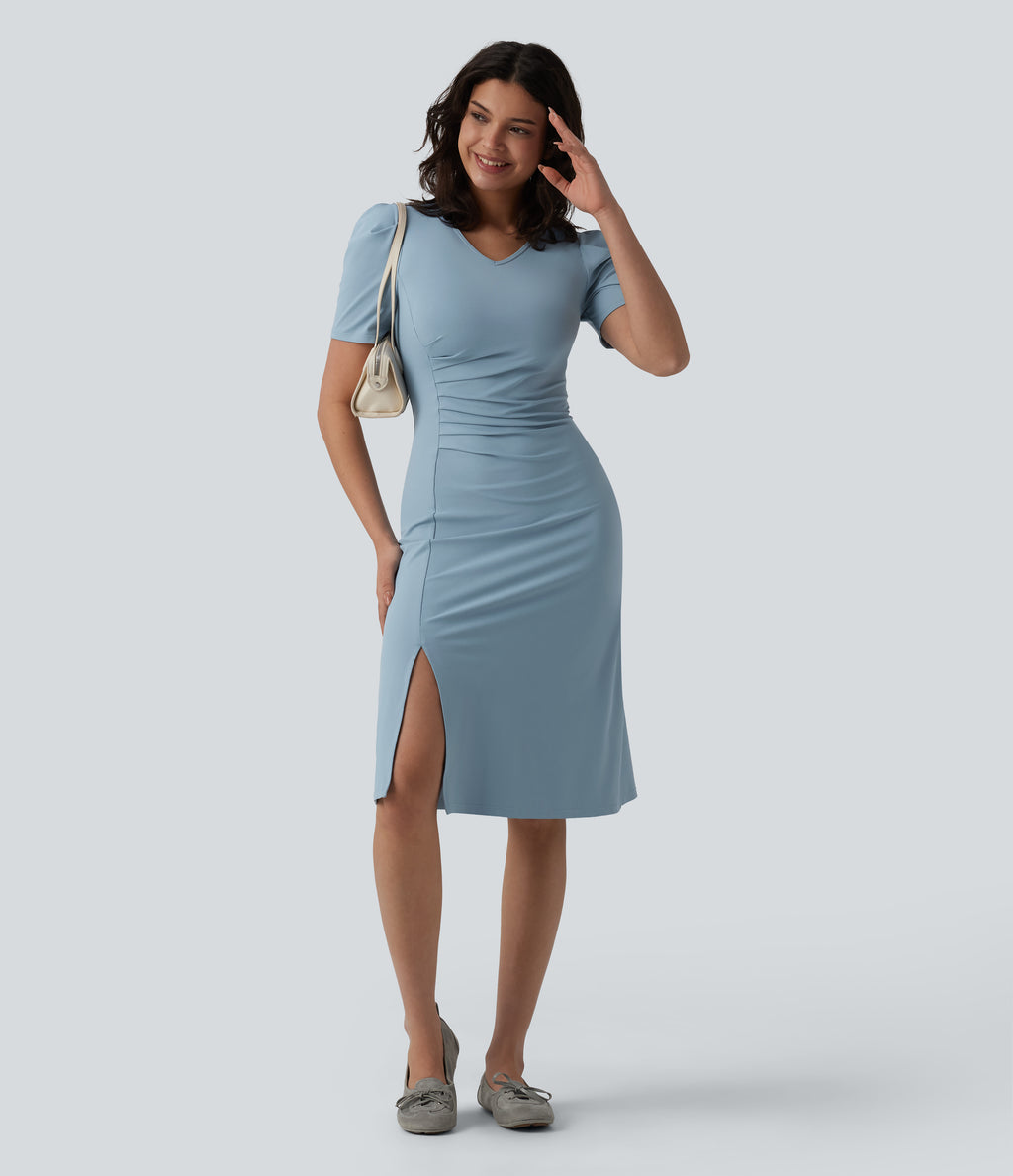 V Neck Short Sleeve Midi Casual Dress — Moon Ice Blue — view 5