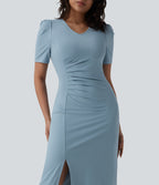V Neck Short Sleeve Midi Casual Dress — Moon Ice Blue — view 4