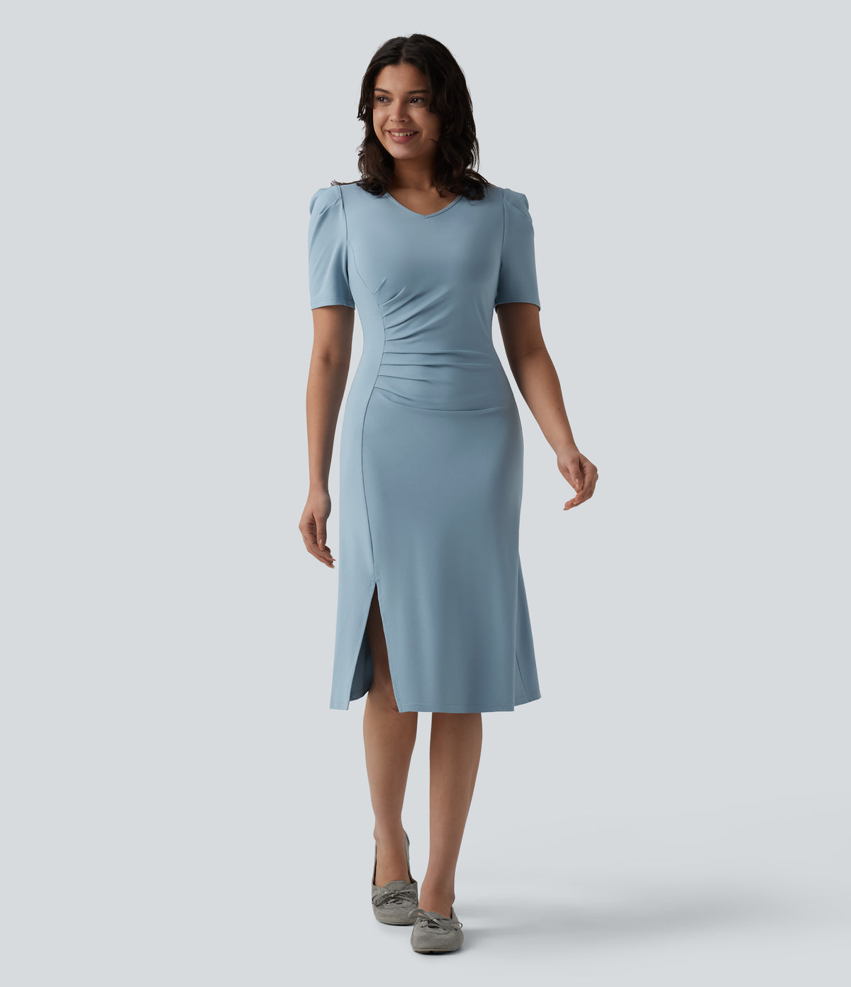 V Neck Short Sleeve Midi Casual Dress — Moon Ice Blue — view 1