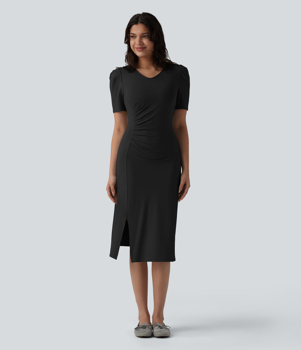 V Neck Short Sleeve Midi Casual Dress — Black — view 6