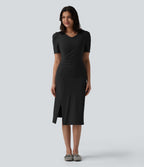 V Neck Short Sleeve Midi Casual Dress — Black — view 6