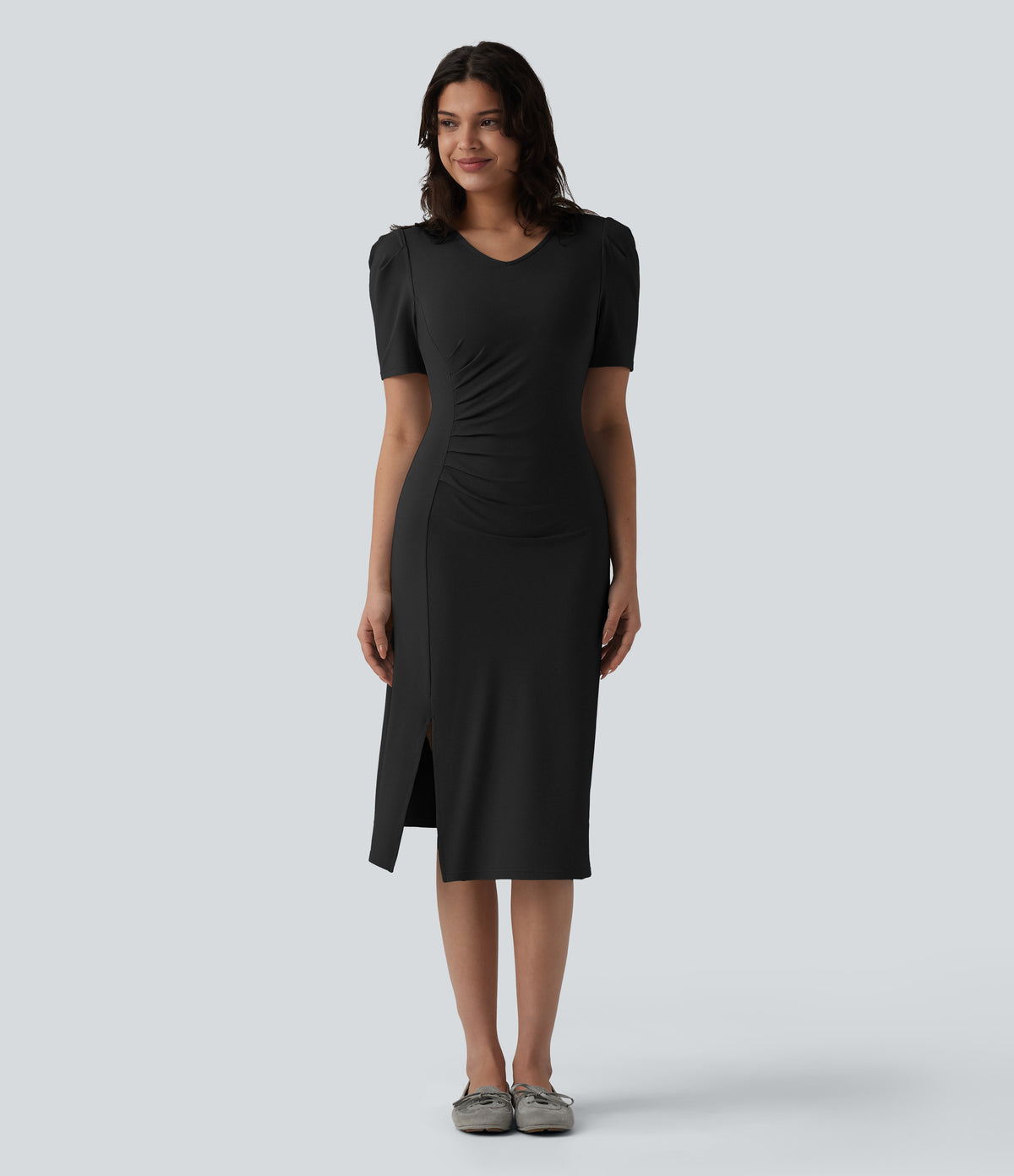 V Neck Short Sleeve Midi Casual Dress — Black — view 6