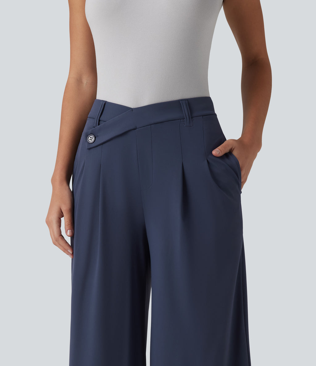 Asymmetric Mid Rise Flare Work Trousers with Pockets — Mood Indigo — view 4