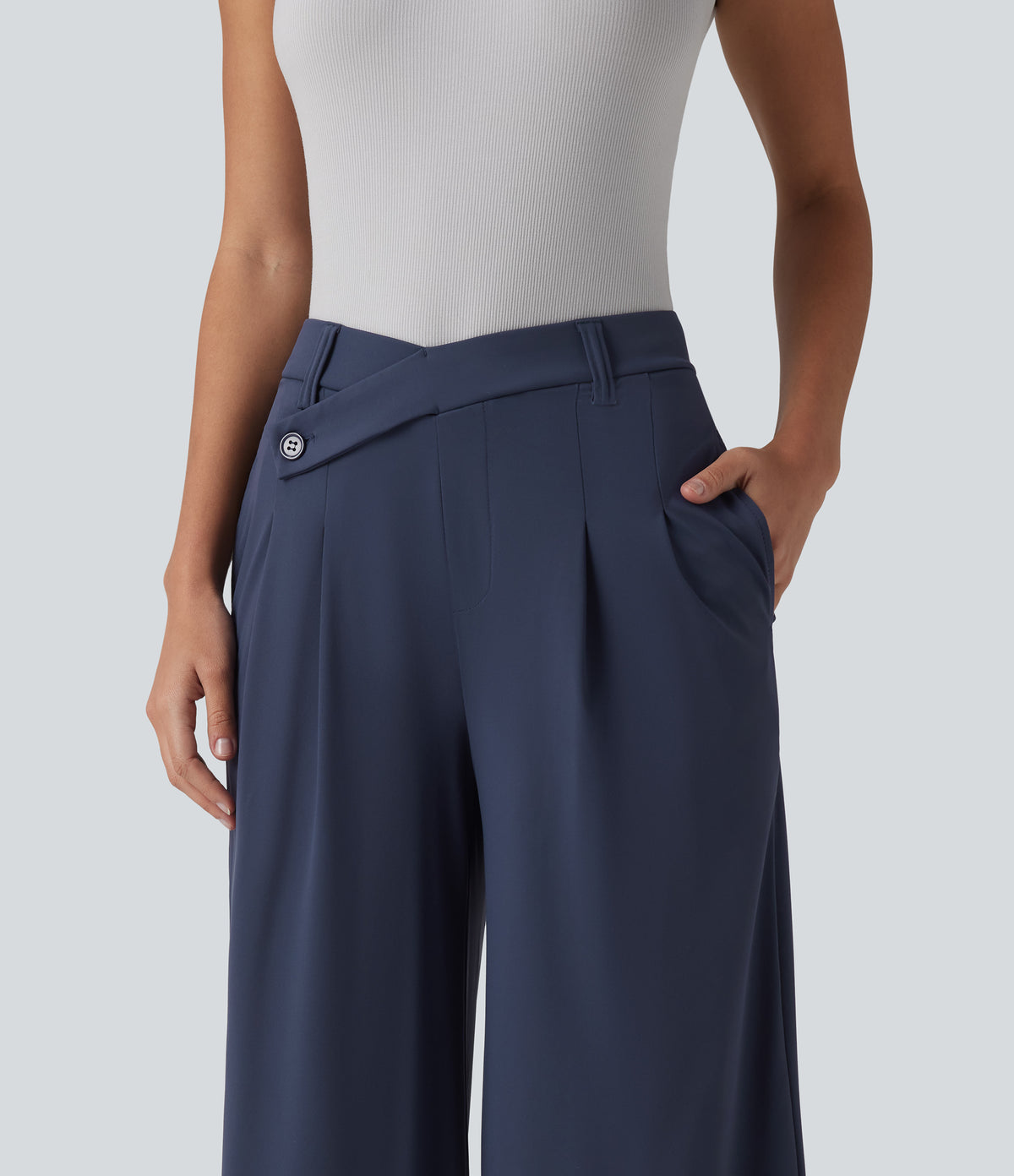 Asymmetric Mid Rise Flare Work Trousers with Pockets — Mood Indigo — view 4