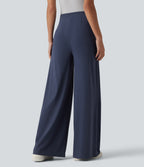 Asymmetric Mid Rise Flare Work Trousers with Pockets — Mood Indigo — view 2
