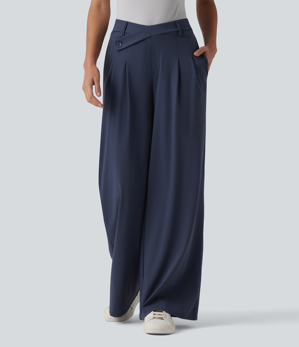 Asymmetric Mid Rise Flare Work Trousers with Pockets — Mood Indigo — view 1