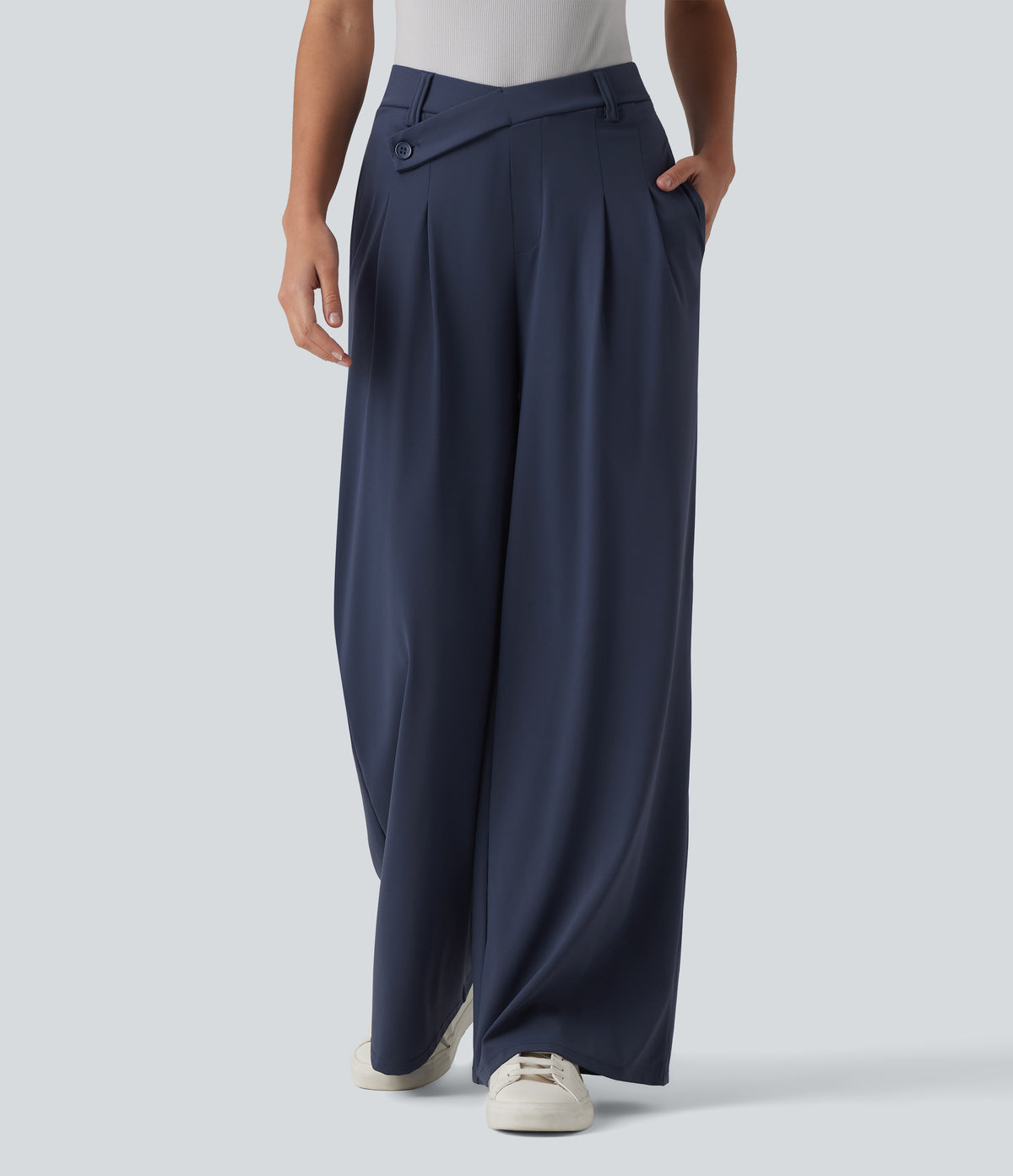 Asymmetric Mid Rise Flare Work Trousers with Pockets — Mood Indigo — view 1