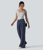 Asymmetric Mid Rise Flare Work Trousers with Pockets — Mood Indigo — view 6