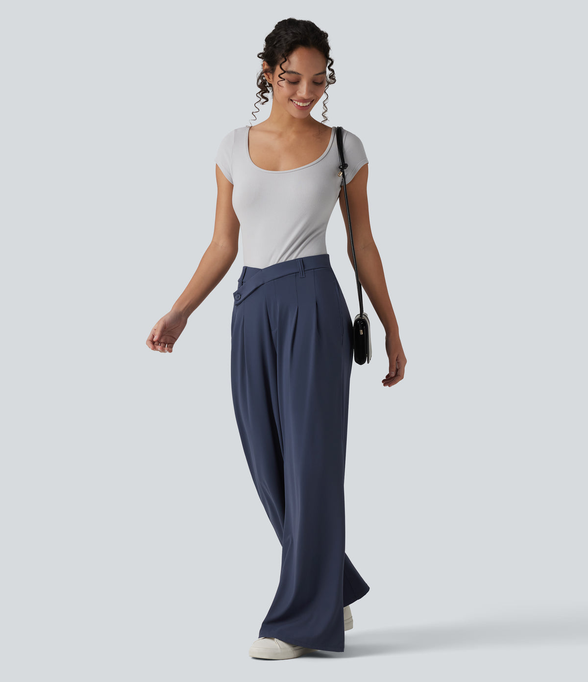 Asymmetric Mid Rise Flare Work Trousers with Pockets — Mood Indigo — view 6