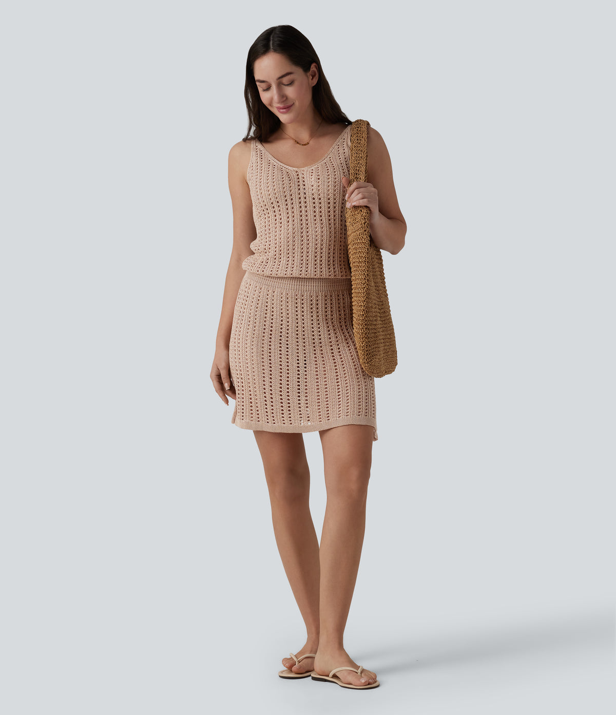 V Neck Jumper Knit Mini Slip Dress — Smoke Gray — view 5
