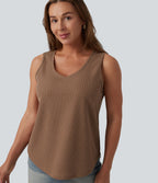 V Neck Waffle Casual Tank Top — Burro — view 1