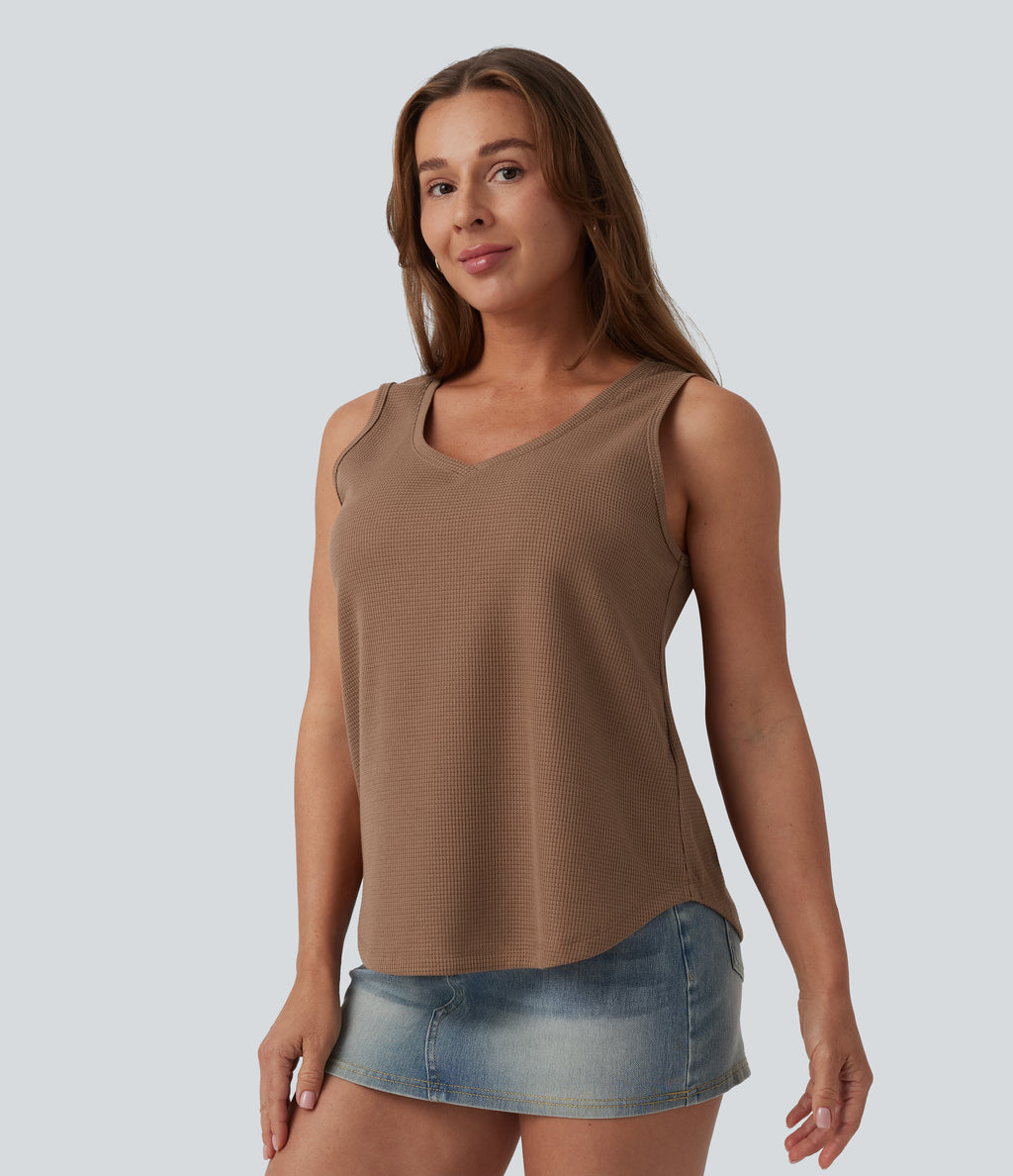 V Neck Waffle Casual Tank Top — Burro — view 4