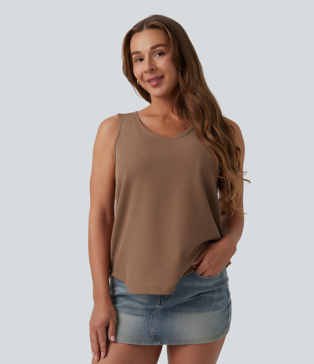V Neck Waffle Casual Tank Top — Burro — view 3