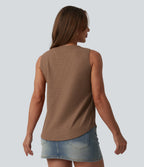 V Neck Waffle Casual Tank Top — Burro — view 2