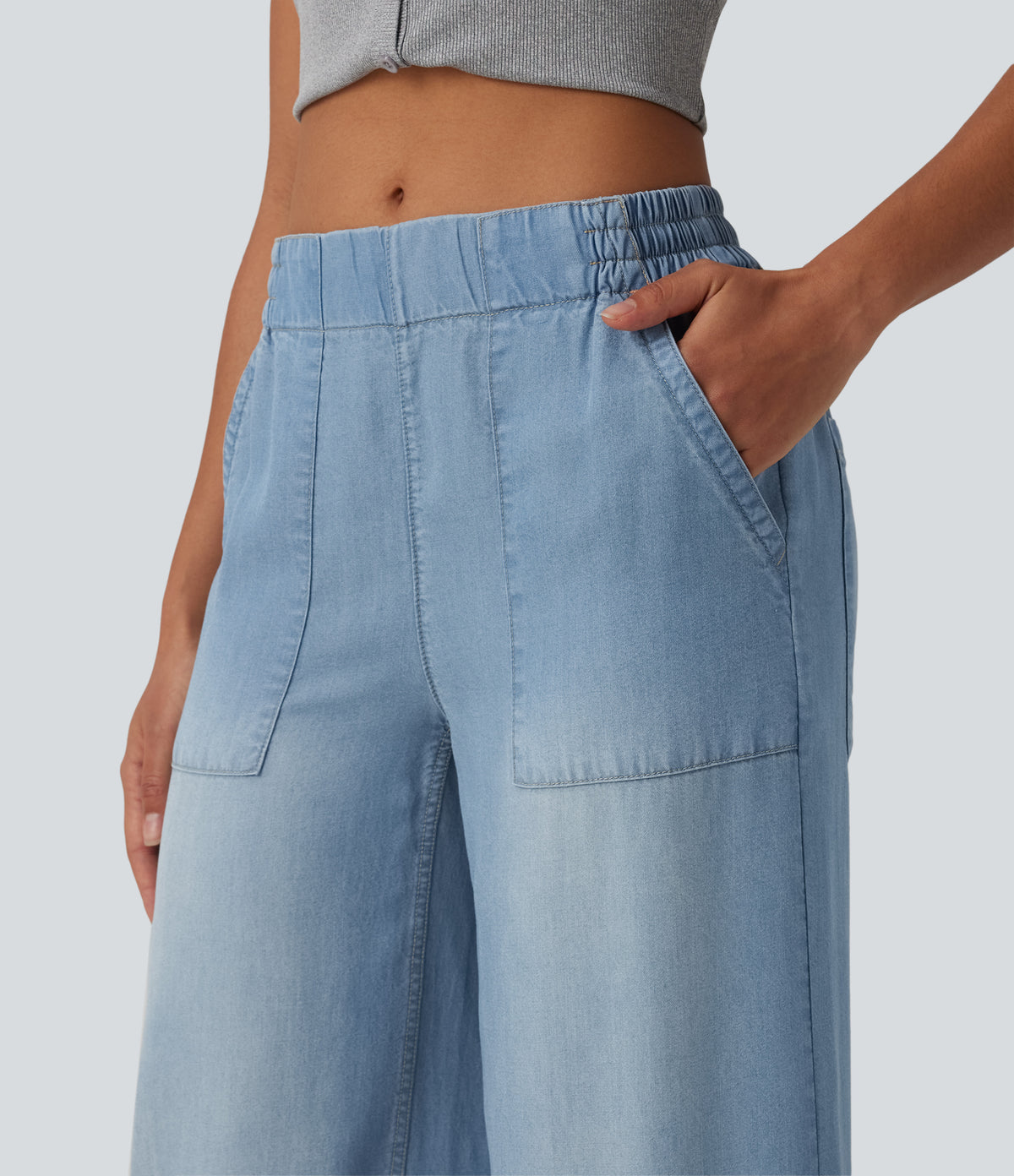 Mid Rise Draped Wide Leg Casual Jeans with Pockets — Baltic Sea Blue Denim — view 5