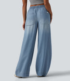 Mid Rise Draped Wide Leg Casual Jeans with Pockets — Baltic Sea Blue Denim — view 2