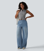Mid Rise Draped Wide Leg Casual Jeans with Pockets — Baltic Sea Blue Denim — view 6