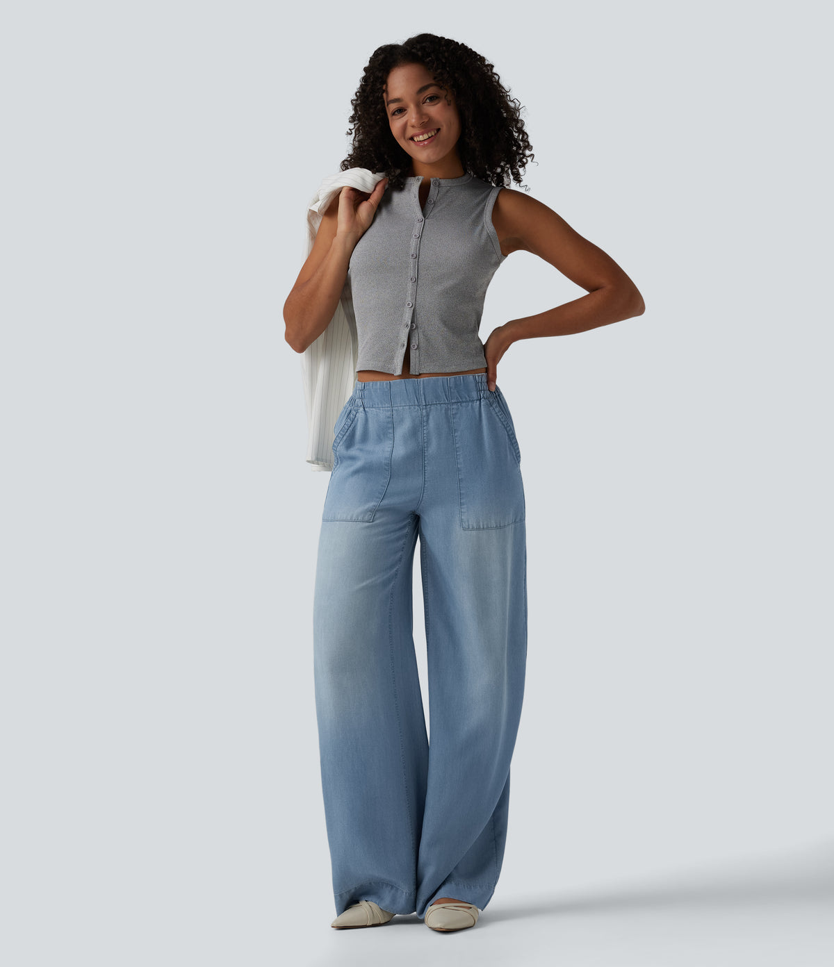 Mid Rise Draped Wide Leg Casual Jeans with Pockets — Baltic Sea Blue Denim — view 6