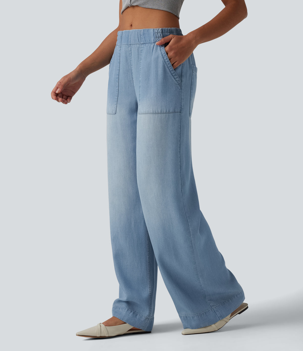 Mid Rise Draped Wide Leg Casual Jeans with Pockets — Baltic Sea Blue Denim — view 3