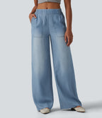 Mid Rise Draped Wide Leg Casual Jeans with Pockets — Baltic Sea Blue Denim — view 1