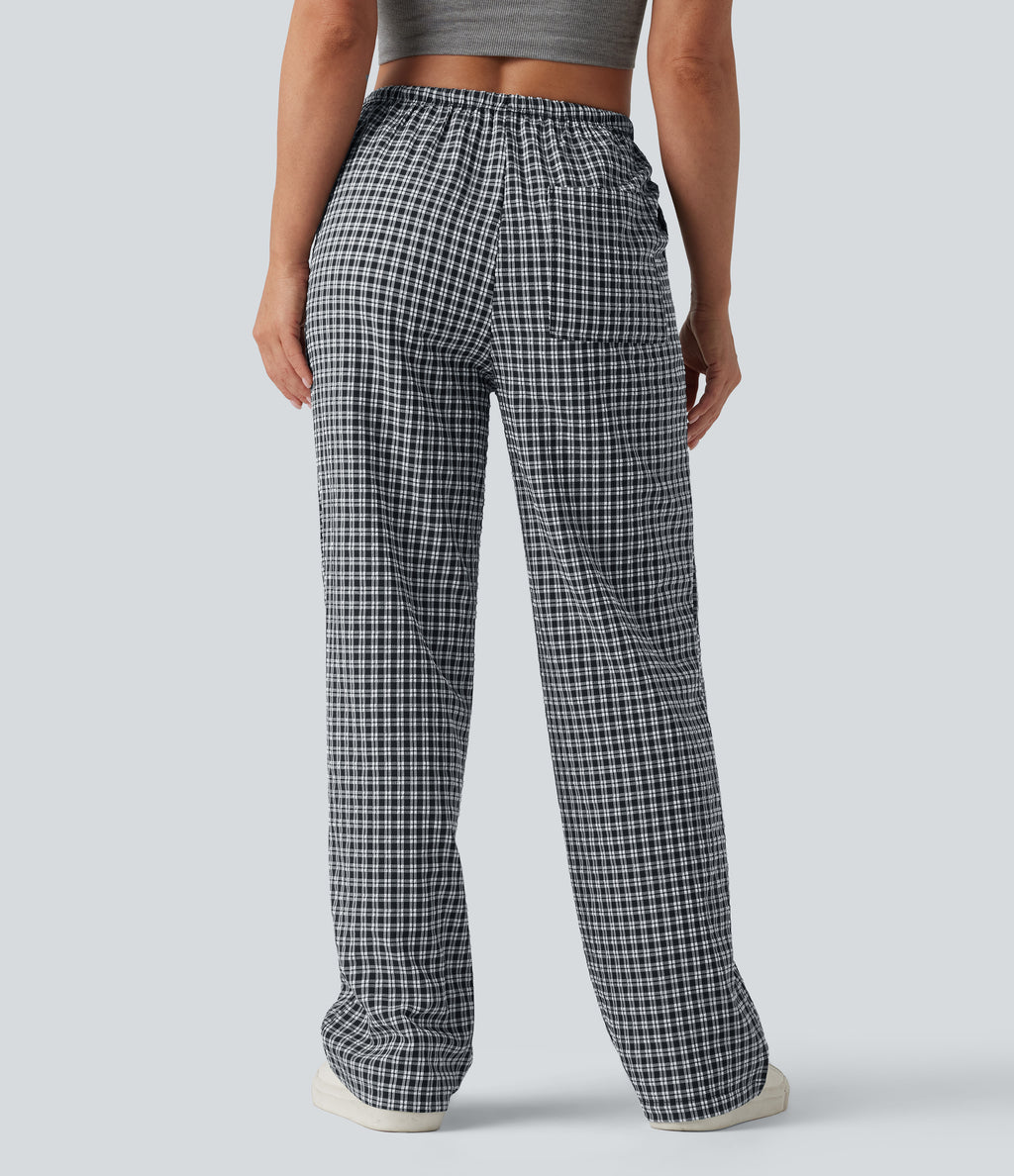 Mid Rise Drawstring Straight Leg Gingham Casual Trousers with Pockets — Monochrome Check — view 2