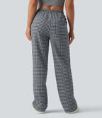 Mid Rise Drawstring Straight Leg Gingham Casual Trousers with Pockets — Monochrome Check — view 2