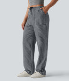 Mid Rise Drawstring Straight Leg Gingham Casual Trousers with Pockets — Monochrome Check — view 1